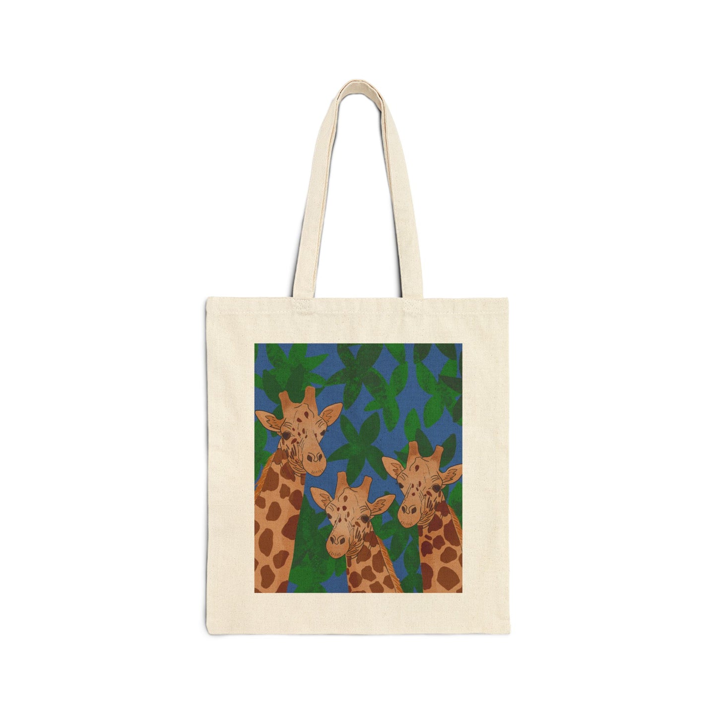 Tote Bag, Giraffe Trio on Leaves Design, Cotton Canvas, Black or Natural, 15" x 16"