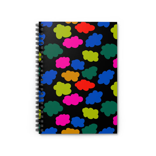 Spiral Notebook, Colorful Clouds on Black Design, 6" x 8", Inside Pocket, Lined Paper