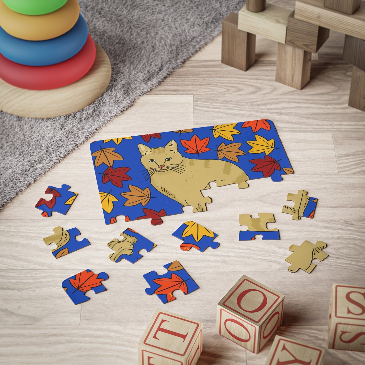 Puzzle, Tan Tabby Cat in Leaves Design, Family Fun, 30 Piece Puzzle