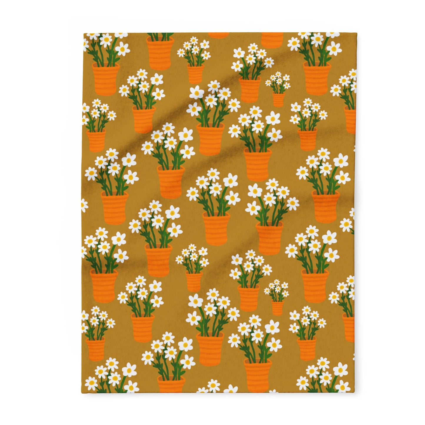 Blanket Fleece With Charming Daisy Design in Terracotta Pots on Golden Background, 2 Sizes, Blanket or Throw