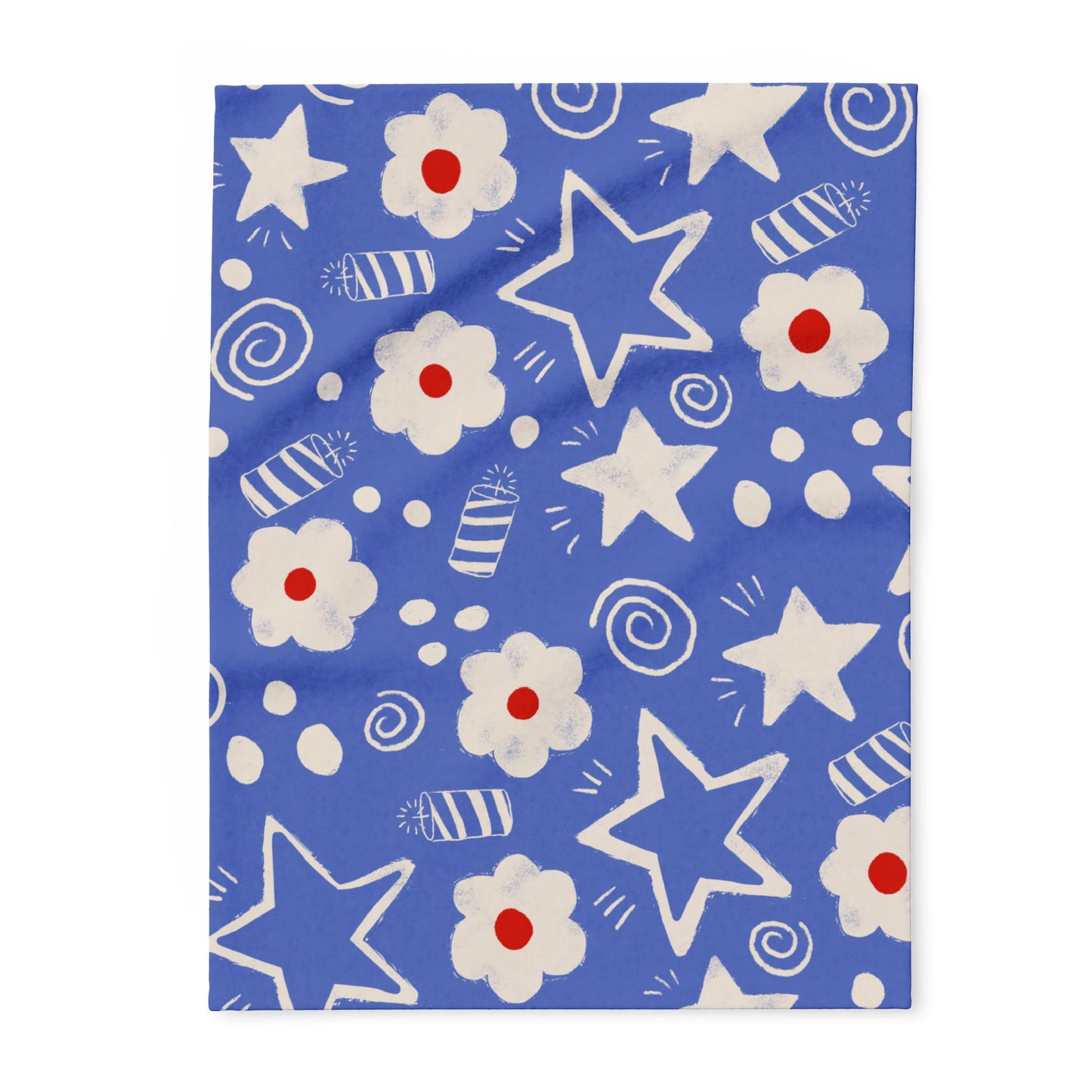 Blanket Fleece With Charming Red, White and Blue Floral and Stars Design, 2 Sizes, Blanket or Throw