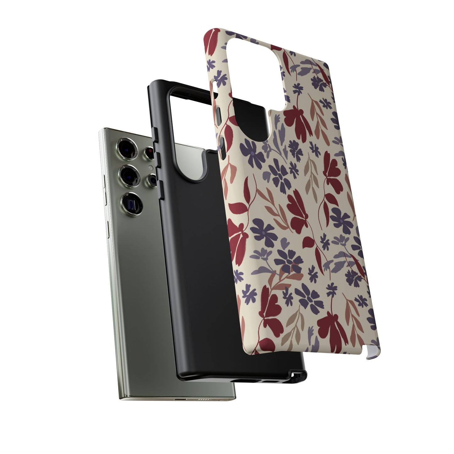 Phone Case, Floral Design Burgundy and Blue on Beige, Tough Phone Case