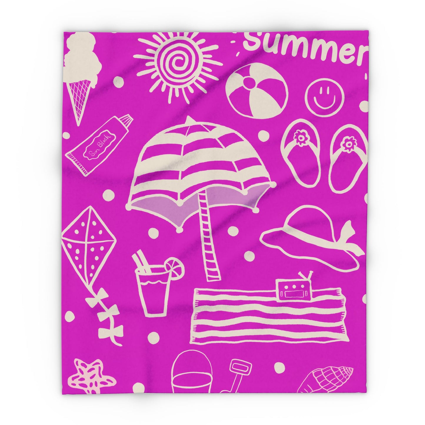 Blanket Fleece With Charming Beach Design on Hot Pink Background, 2 Sizes, Blanket or Throw