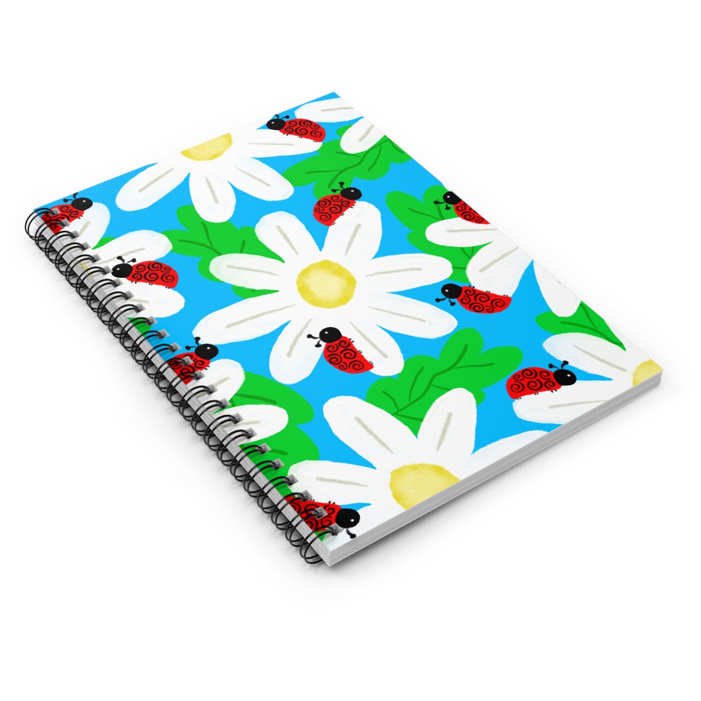 Spiral Notebook, Ladybugs on Flowers Design, 6" x 8", Inside Pocket, Lined Paper