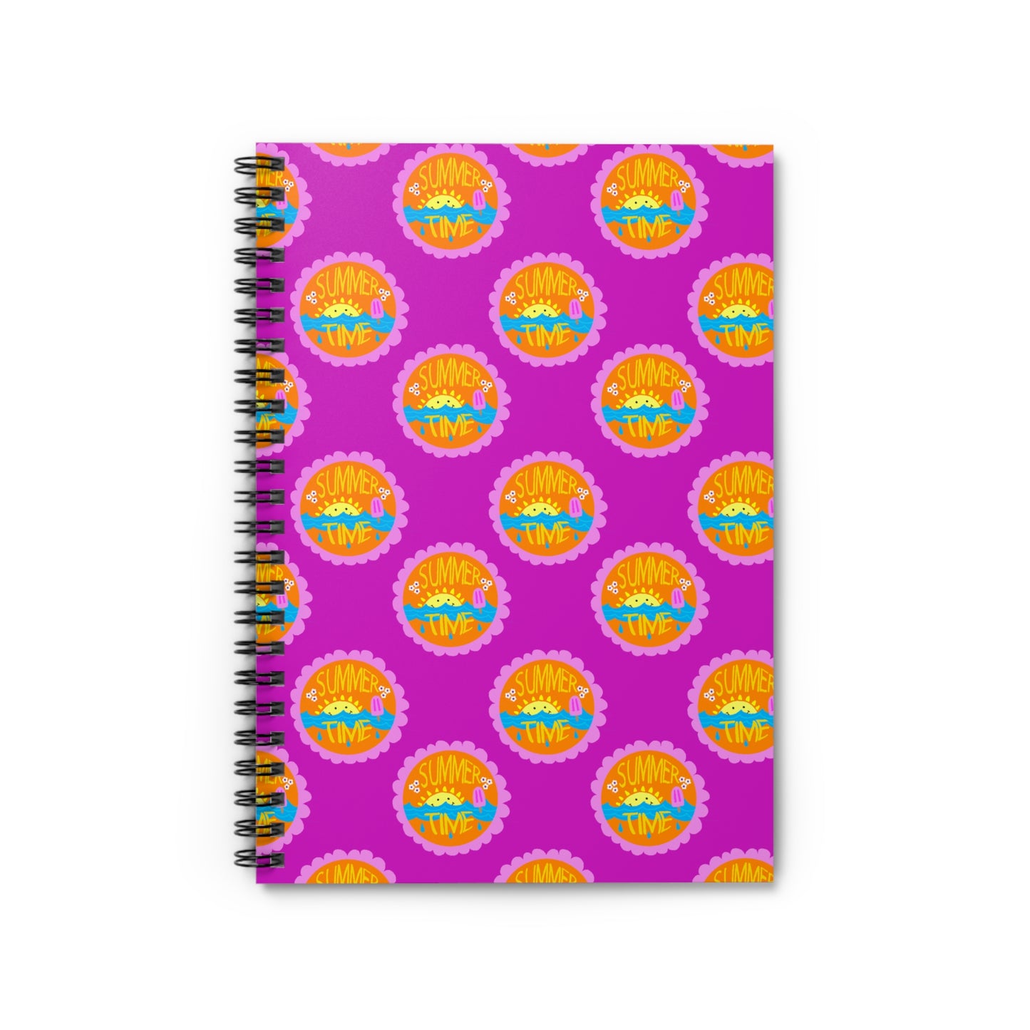 Spiral Notebook, Bright Summer Sunshine Design on Pink, 6" x 8", Inside Pocket, Lined Pages