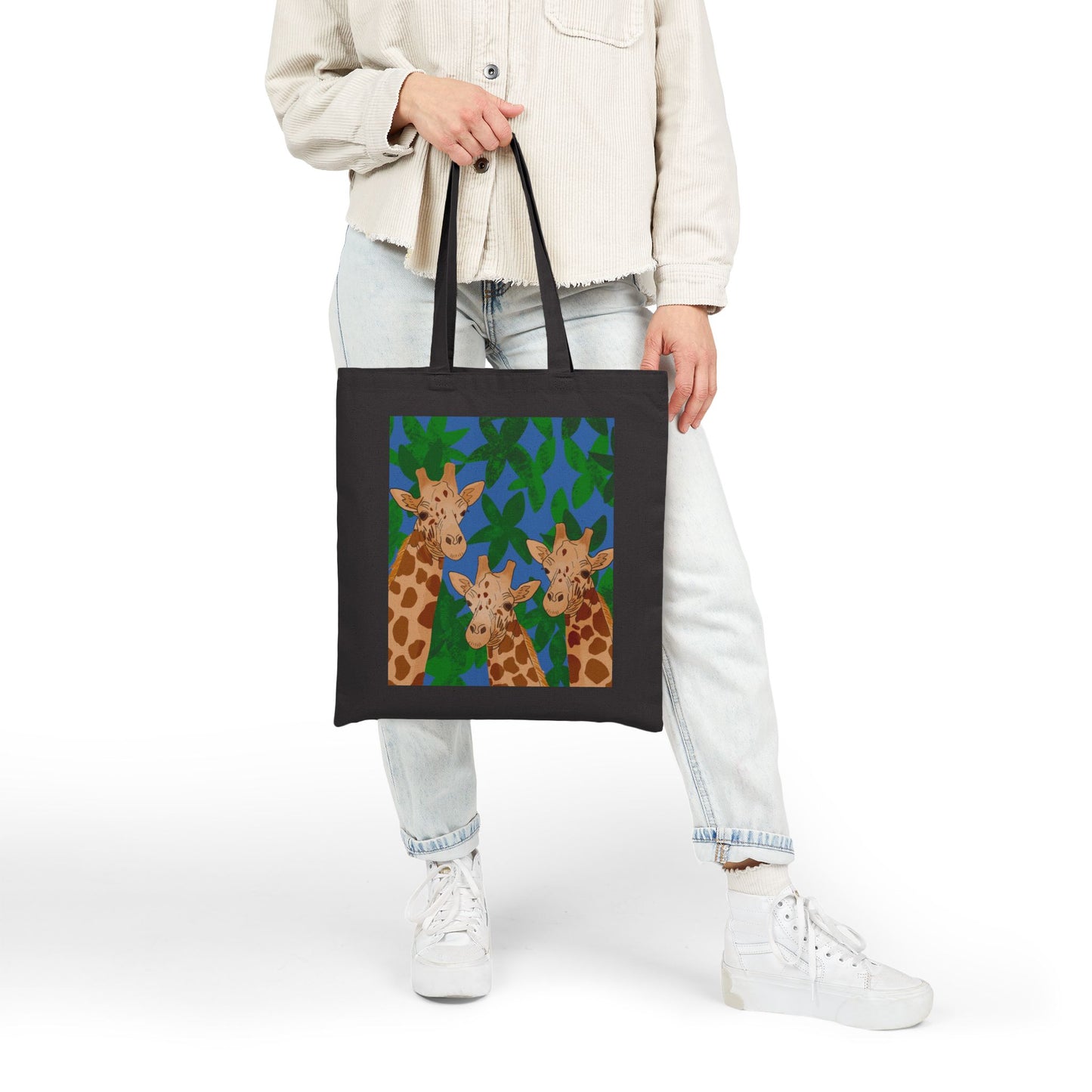 Tote Bag, Giraffe Trio on Leaves Design, Cotton Canvas, Black or Natural, 15" x 16"
