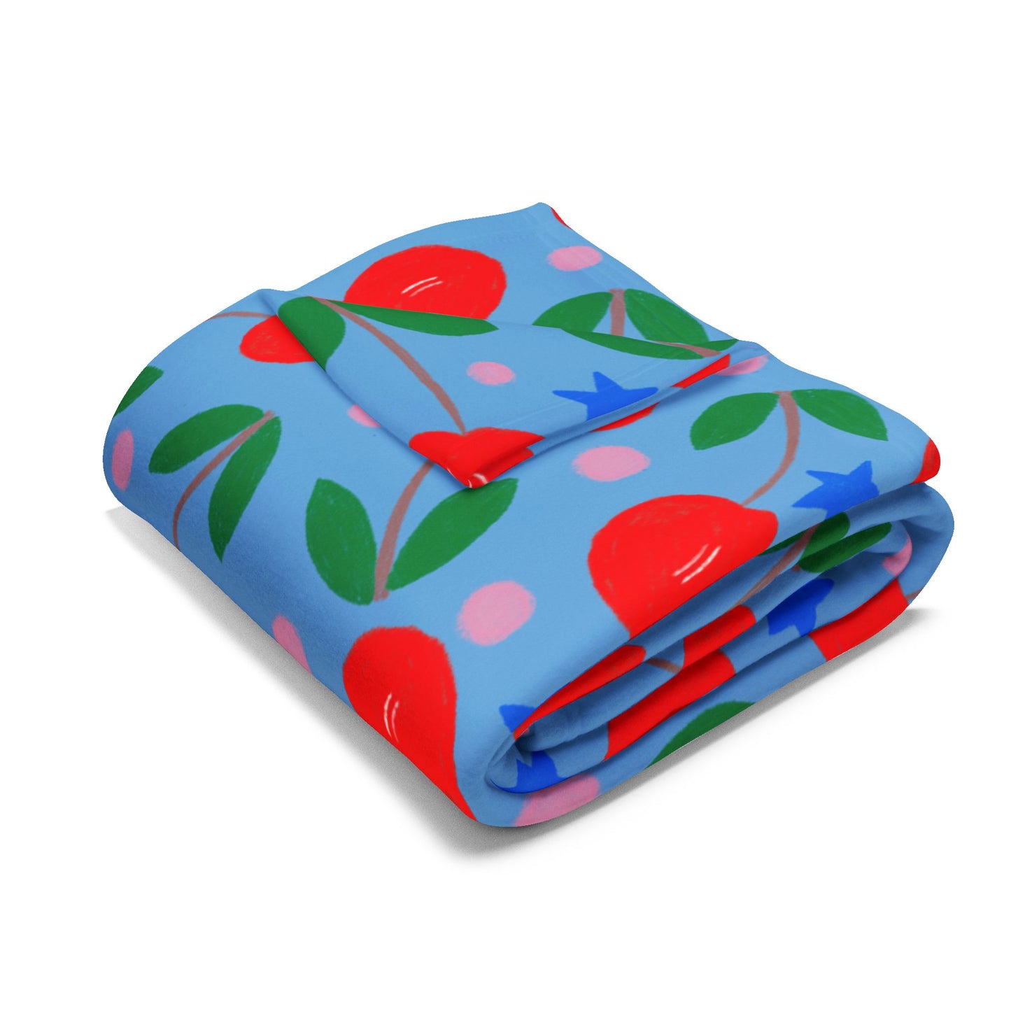 Blanket Fleece With Charming Cherry Design on Blue Background, 2 Sizes, Blanket or Throw