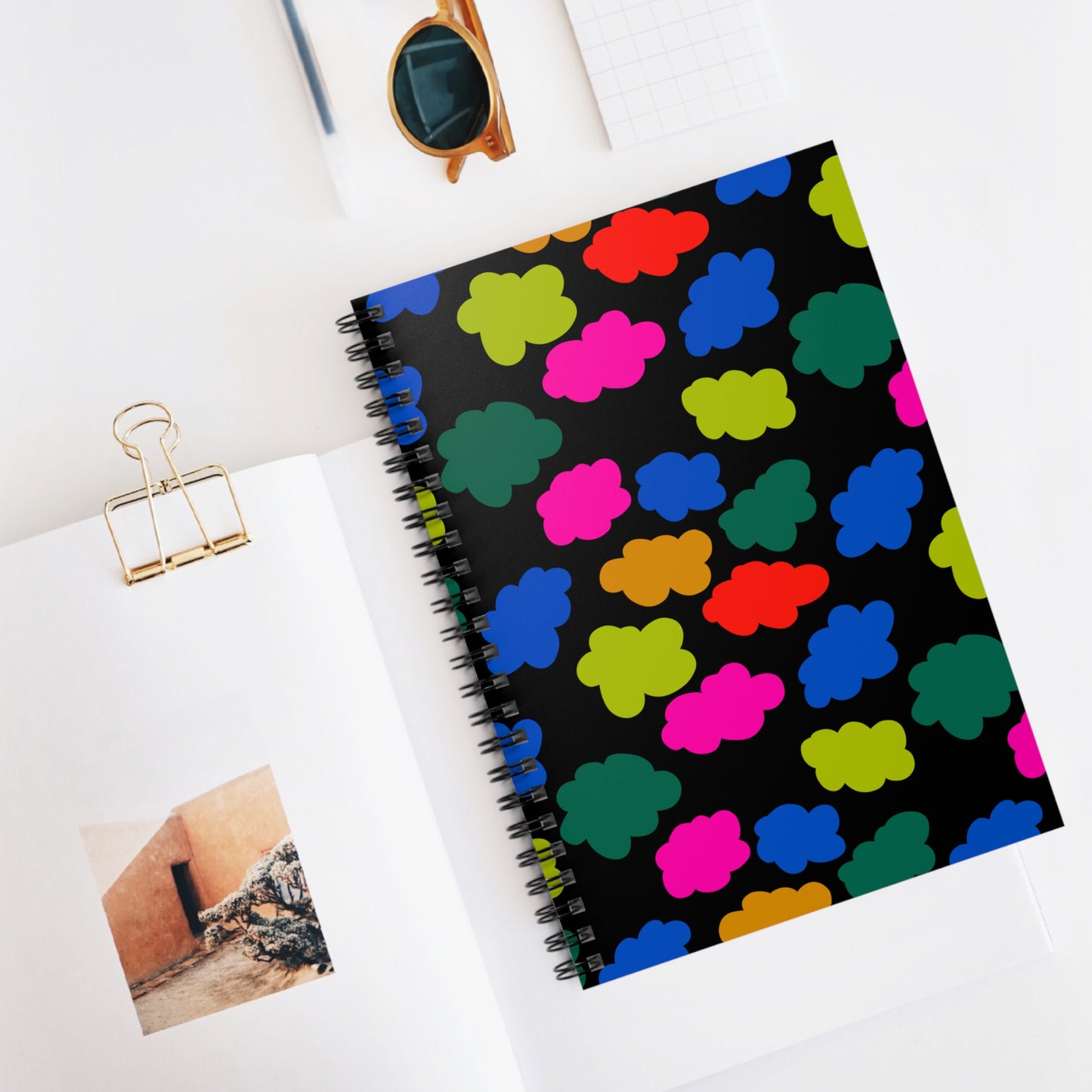 Spiral Notebook, Colorful Clouds on Black Design, 6" x 8", Inside Pocket, Lined Paper