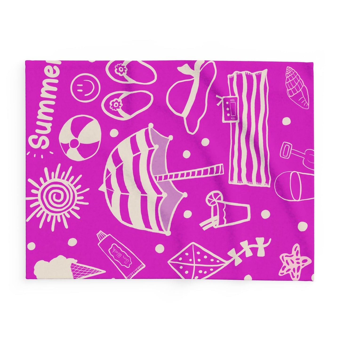 Blanket Fleece With Charming Beach Design on Hot Pink Background, 2 Sizes, Blanket or Throw