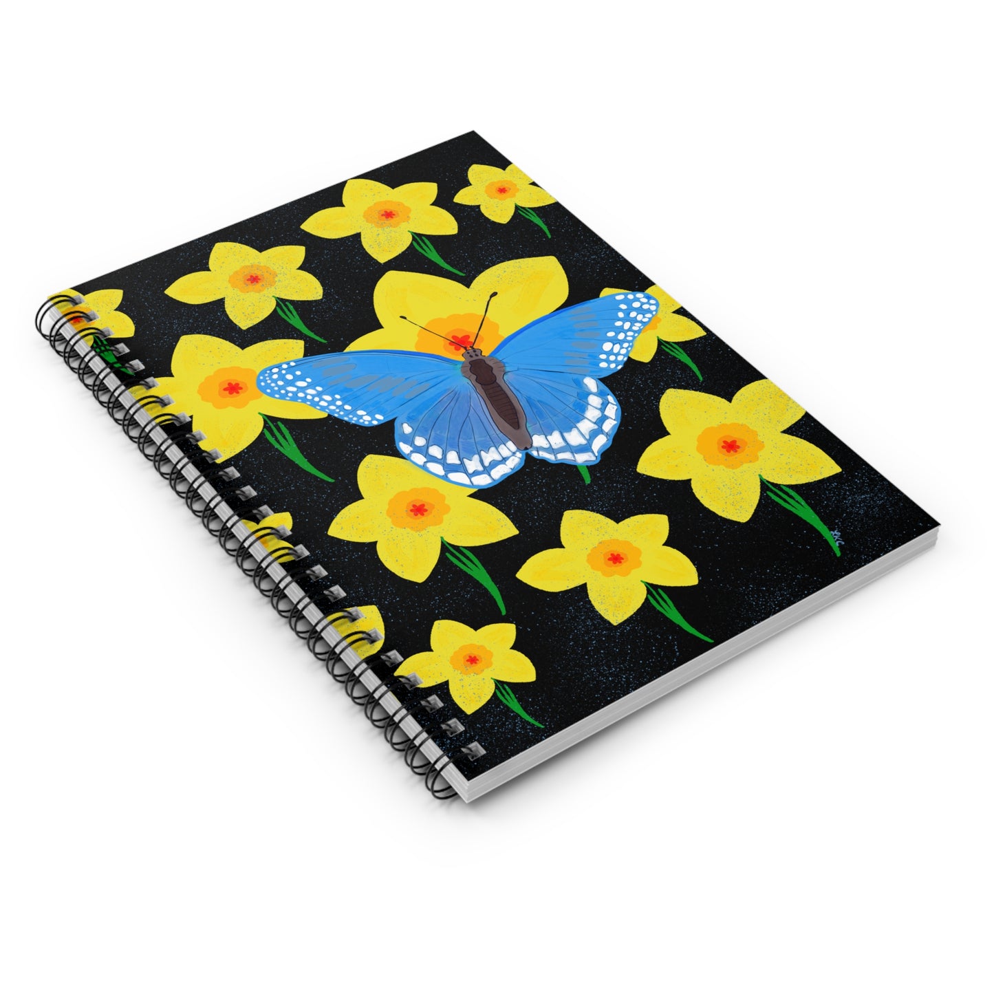 Spiral Notebook, Butterfly and Daffodil Design, 6" x 8", Inside Pocket, Lined Pages