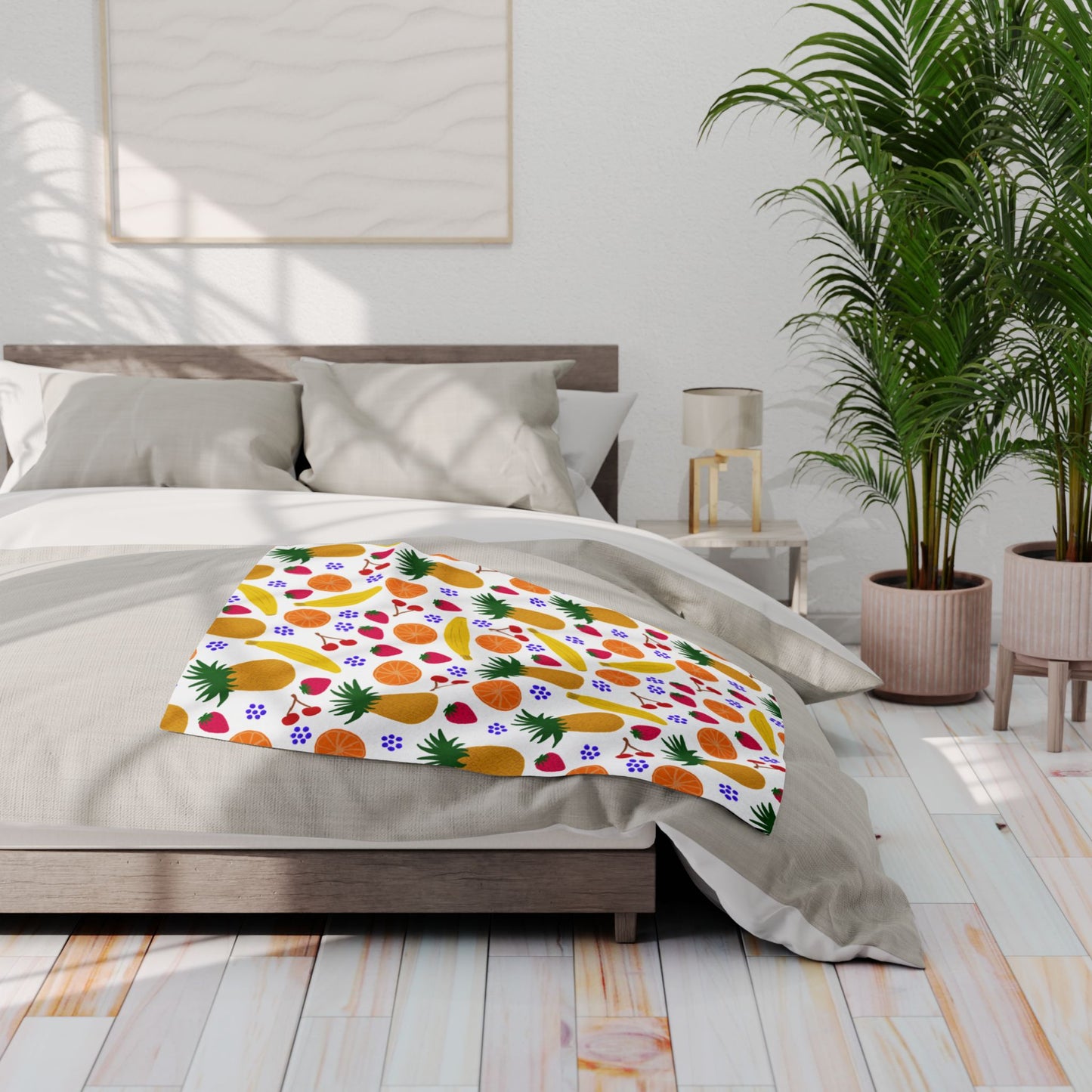 Blanket Fleece With Charming Fruit Design on White Background, 2 Sizes, Blanket and Throw