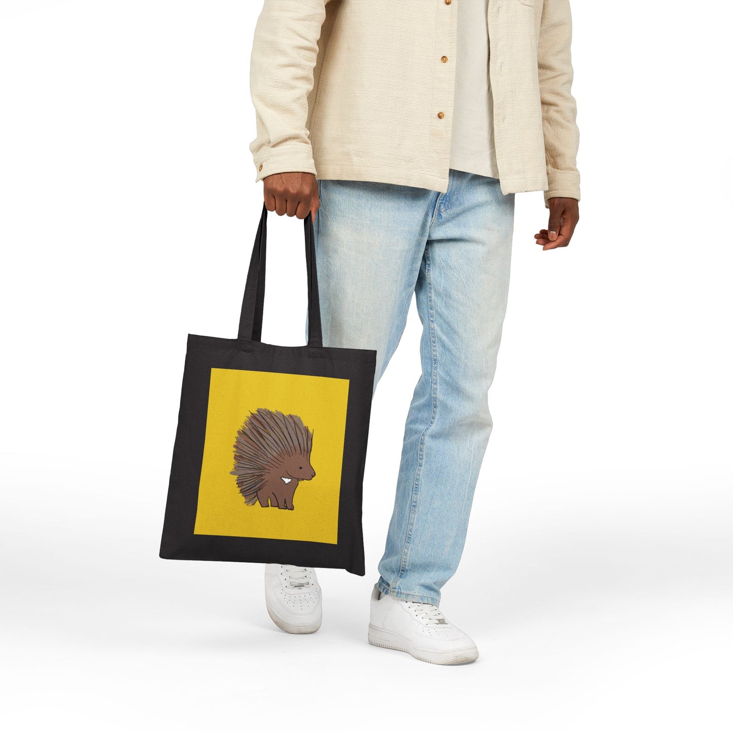 Tote Bag, Porcupine Design on Yellow, Cotton Canvas, Natural or Black, 15" x 16"
