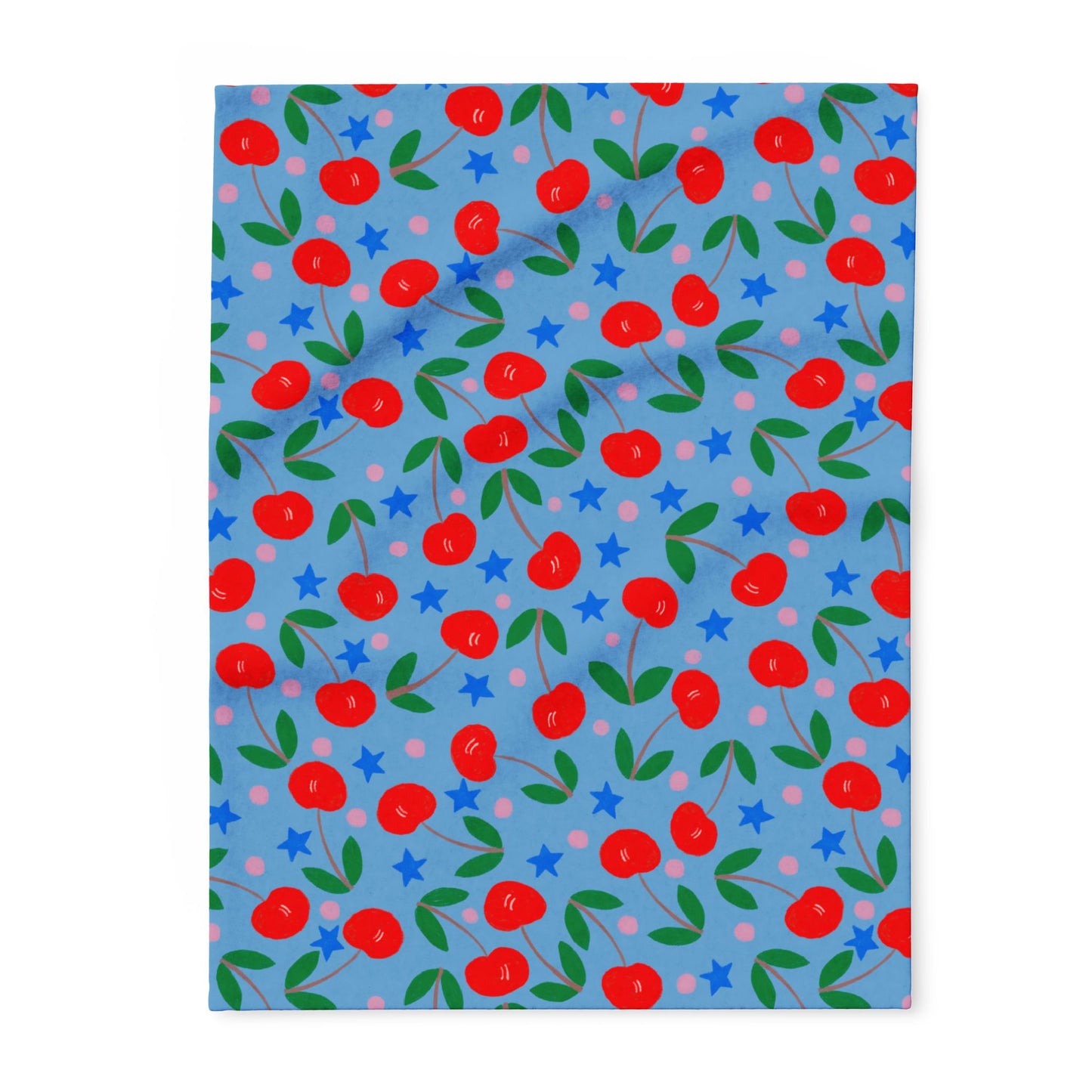 Blanket Fleece With Charming Cherry Design on Blue Background, 2 Sizes, Blanket or Throw