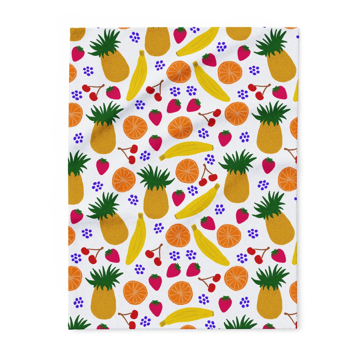 Blanket Fleece With Charming Fruit Design on White Background, 2 Sizes, Blanket and Throw