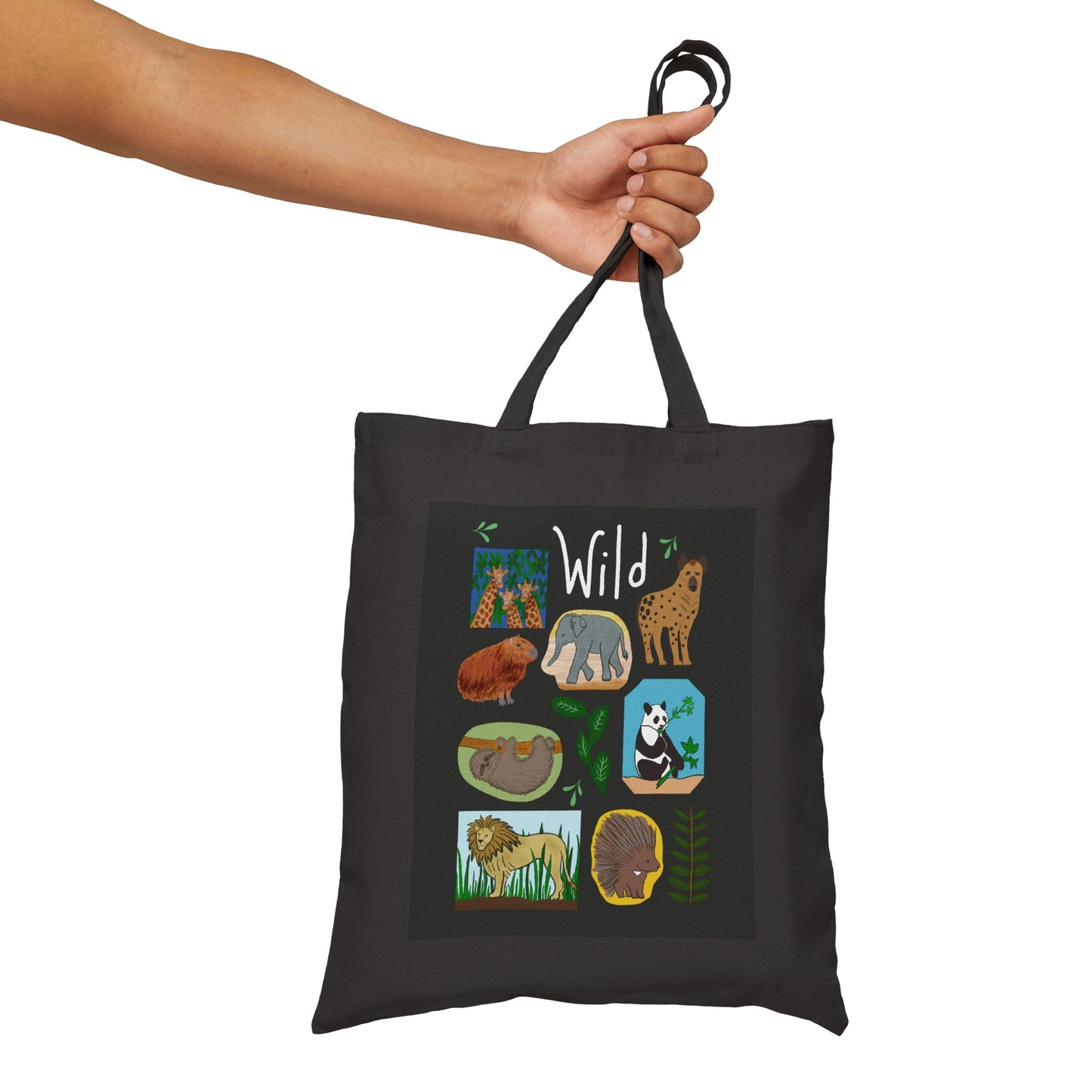 Tote Bag, Wildlife Theme With Animals, Cotton Canvas, Black or Natural, 15" x 16"