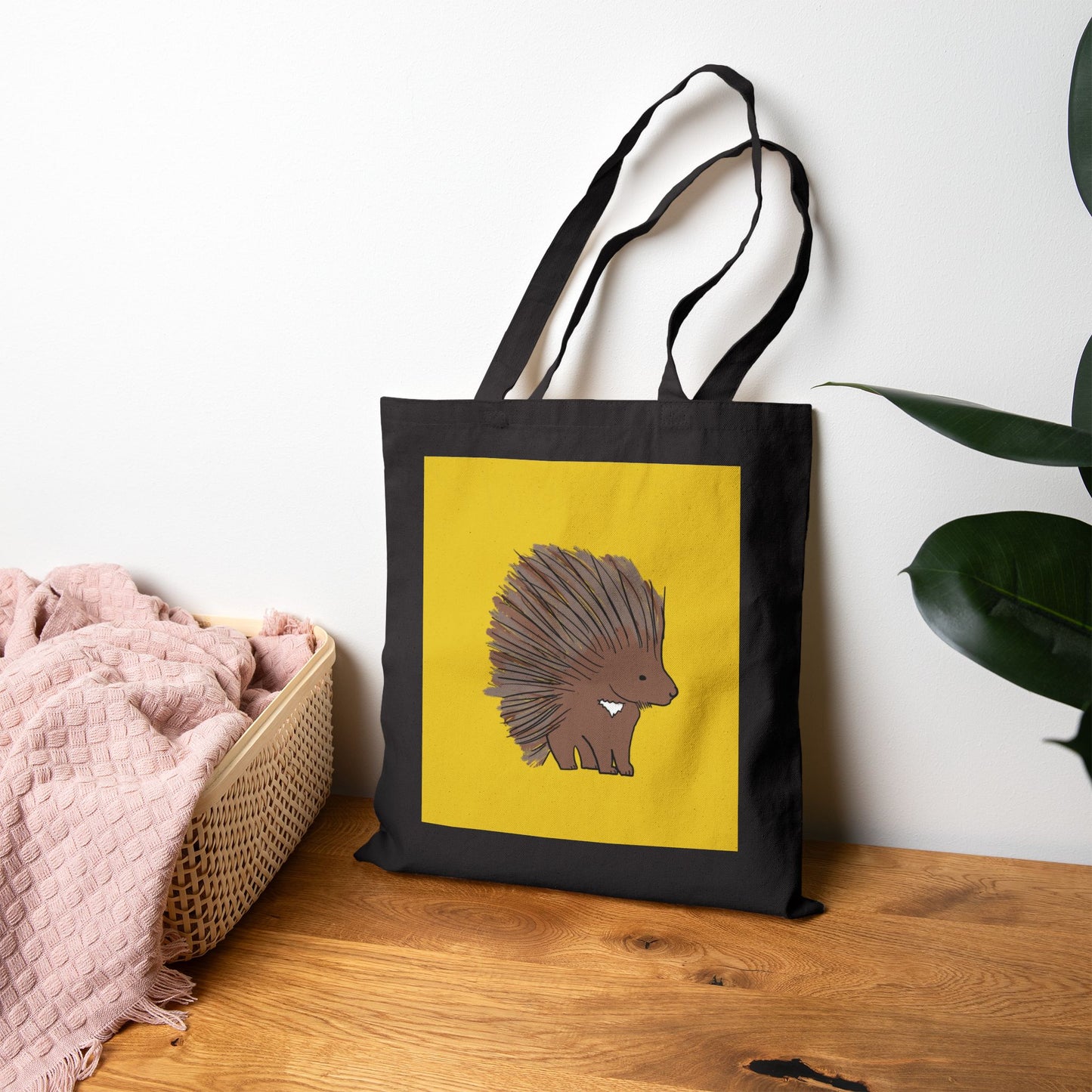 Tote Bag, Porcupine Design on Yellow, Cotton Canvas, Natural or Black, 15" x 16"