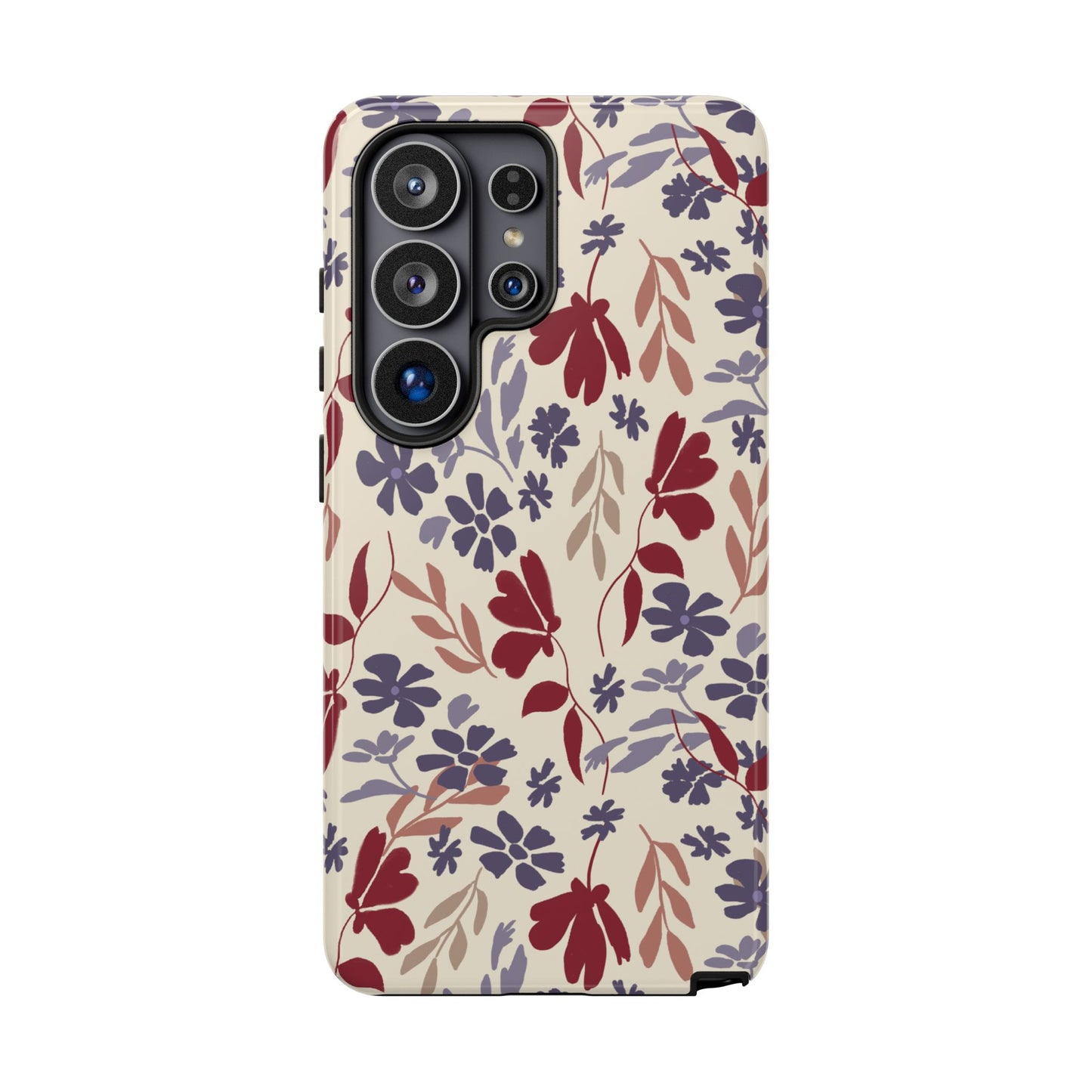 Phone Case, Floral Design Burgundy and Blue on Beige, Tough Phone Case