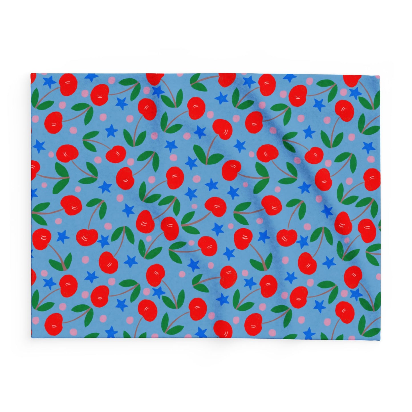 Blanket Fleece With Charming Cherry Design on Blue Background, 2 Sizes, Blanket or Throw