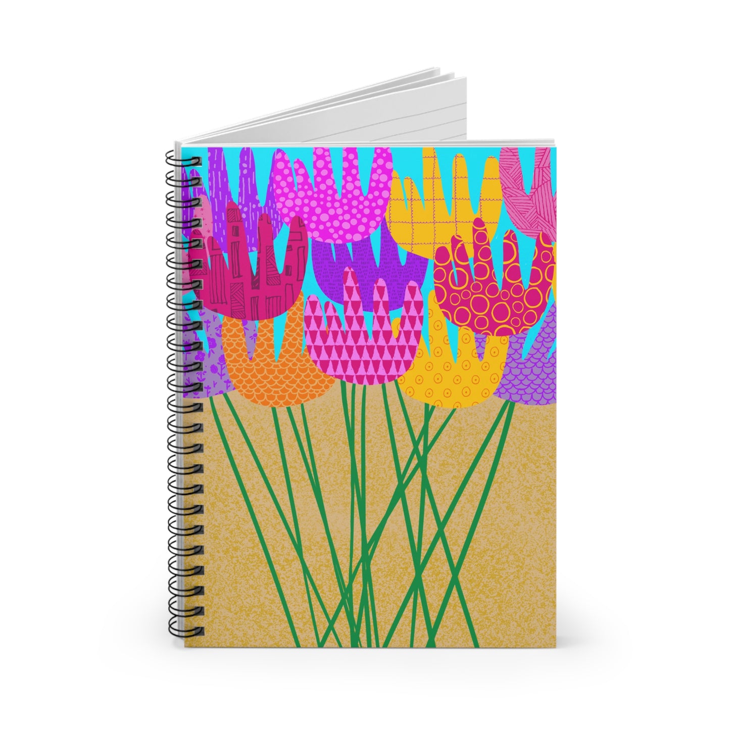 Spiral Notebook, Bright Patterned Floral Bouquet Design, 6" x 8", Inside Pocket, Line Pages