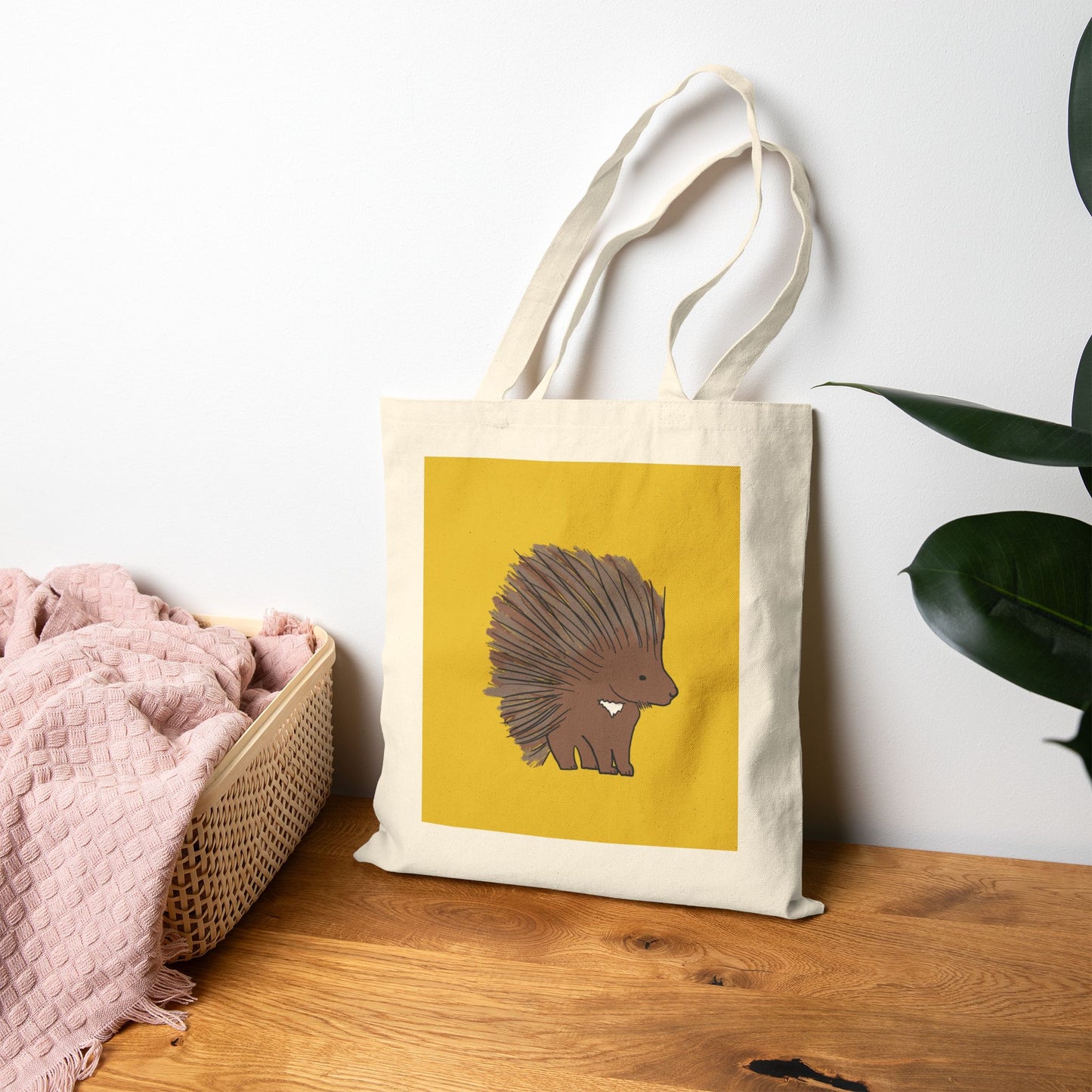 Tote Bag, Porcupine Design on Yellow, Cotton Canvas, Natural or Black, 15" x 16"