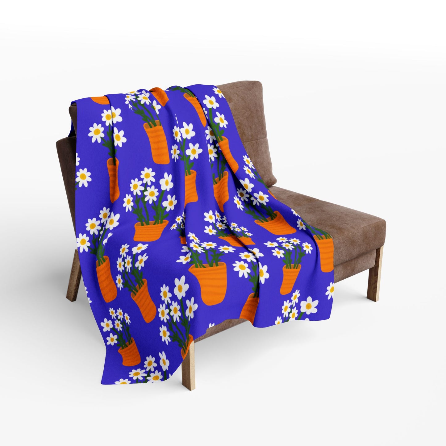 Blanket Fleece With Charming Daisy Design on Blue Background, 2 Sizes, Blanket or Throw