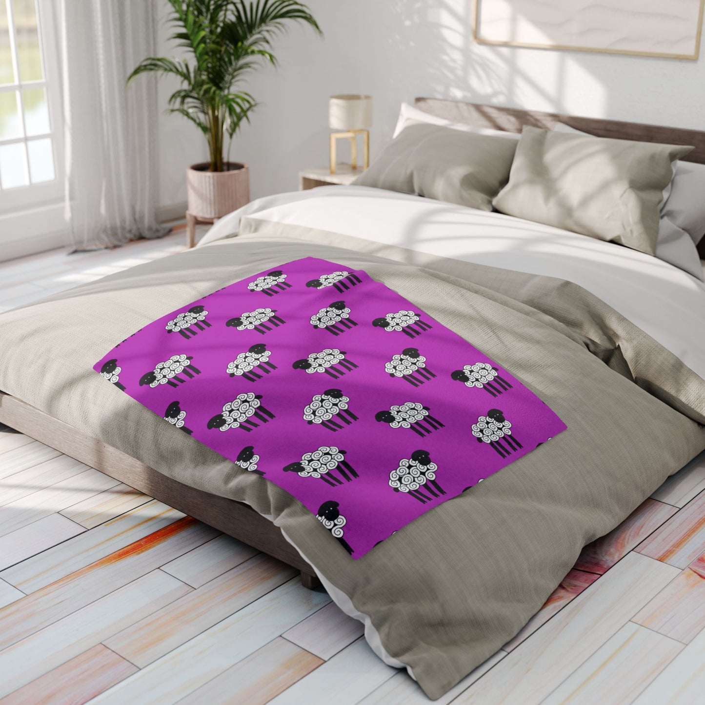 Blanket Fleece With Charming Sheep Design on Hot Pink Background, 2 Sizes, Blanket or Throw