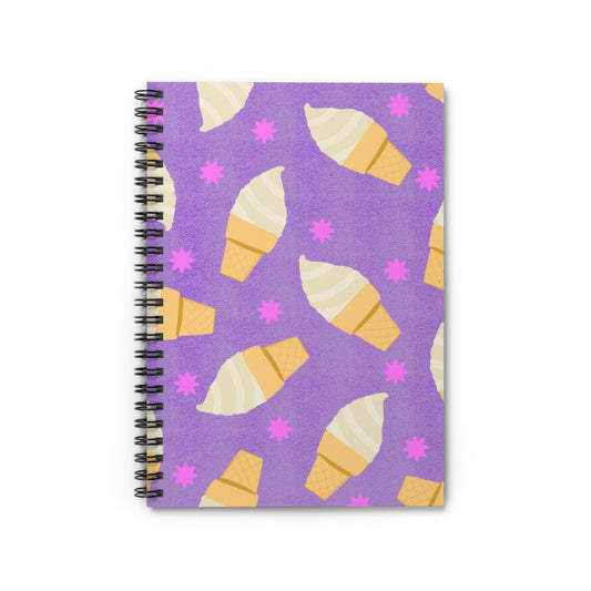 Spiral Notebook, Ice Cream Cones on Purple Design, 6" x 8", Inside Pocket, Line Pages