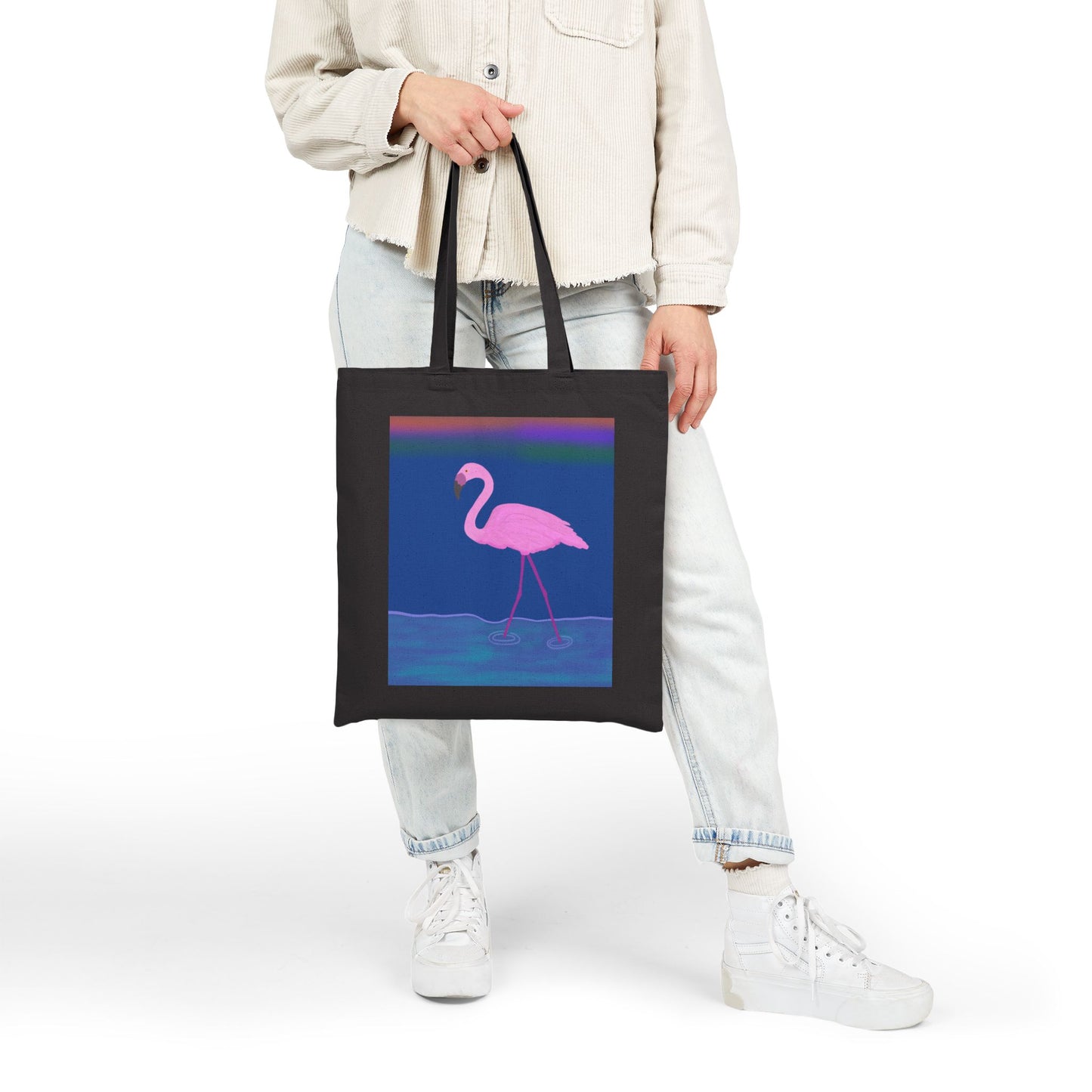 Tote Bag, Flamingo Design, Cotton Canvas, Black or Natural, 15" x 16"
