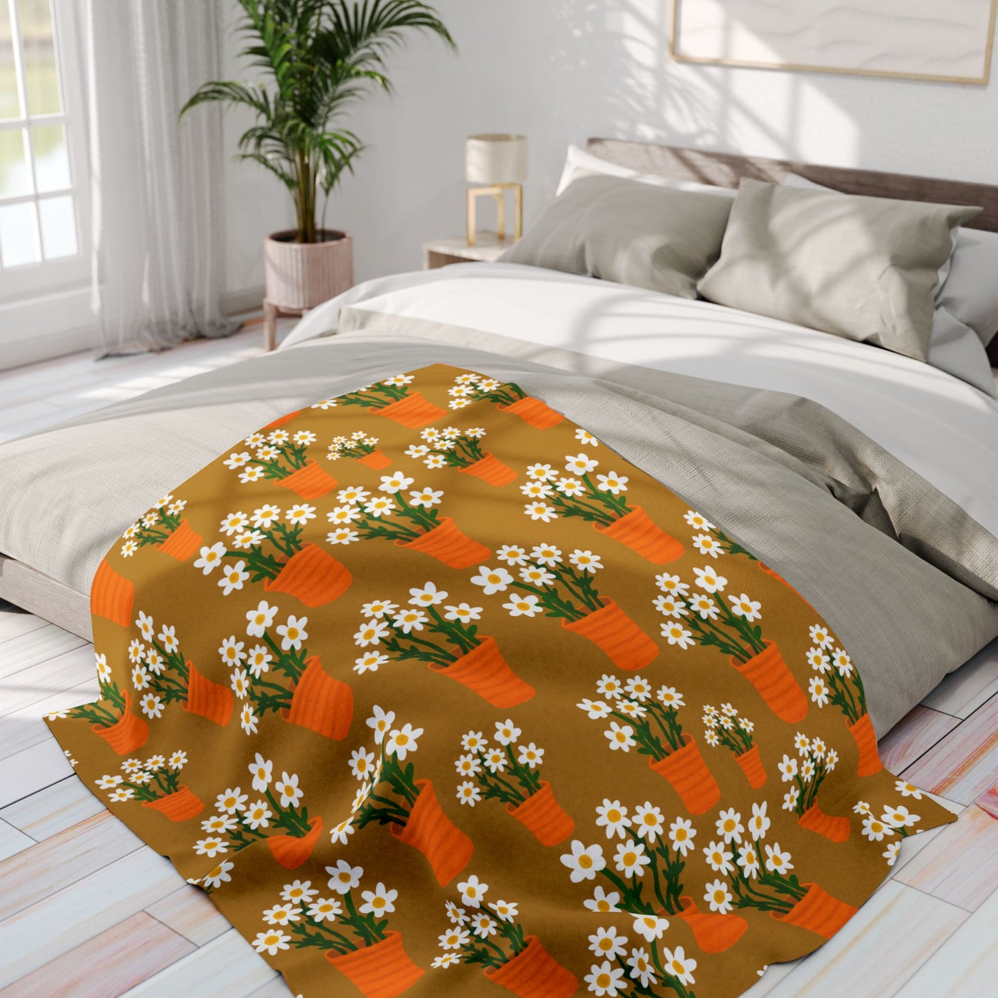 Blanket Fleece With Charming Daisy Design in Terracotta Pots on Golden Background, 2 Sizes, Blanket or Throw