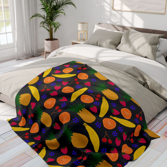 Blanket Fleece With Charming Fruit Design on Black Background, 2 Sizes, Blanket and Throw