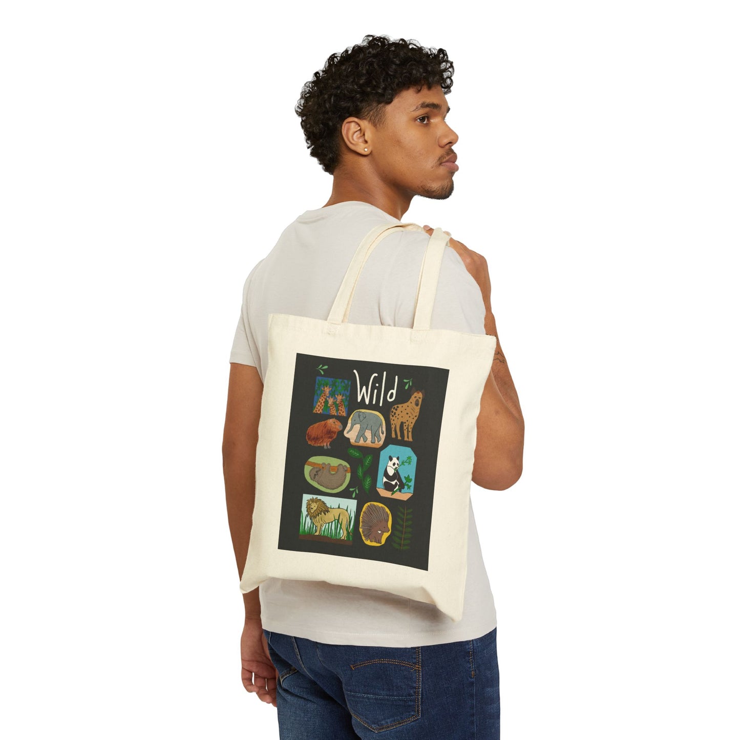Tote Bag, Wildlife Theme With Animals, Cotton Canvas, Black or Natural, 15" x 16"