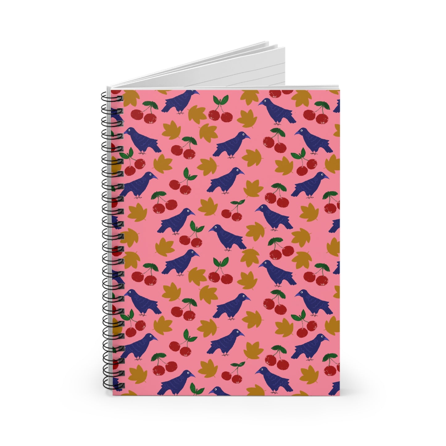 Spiral Notebook, Pink Crow and Leaves Design, 6" x 8", Inside Pocket, Lined Pages