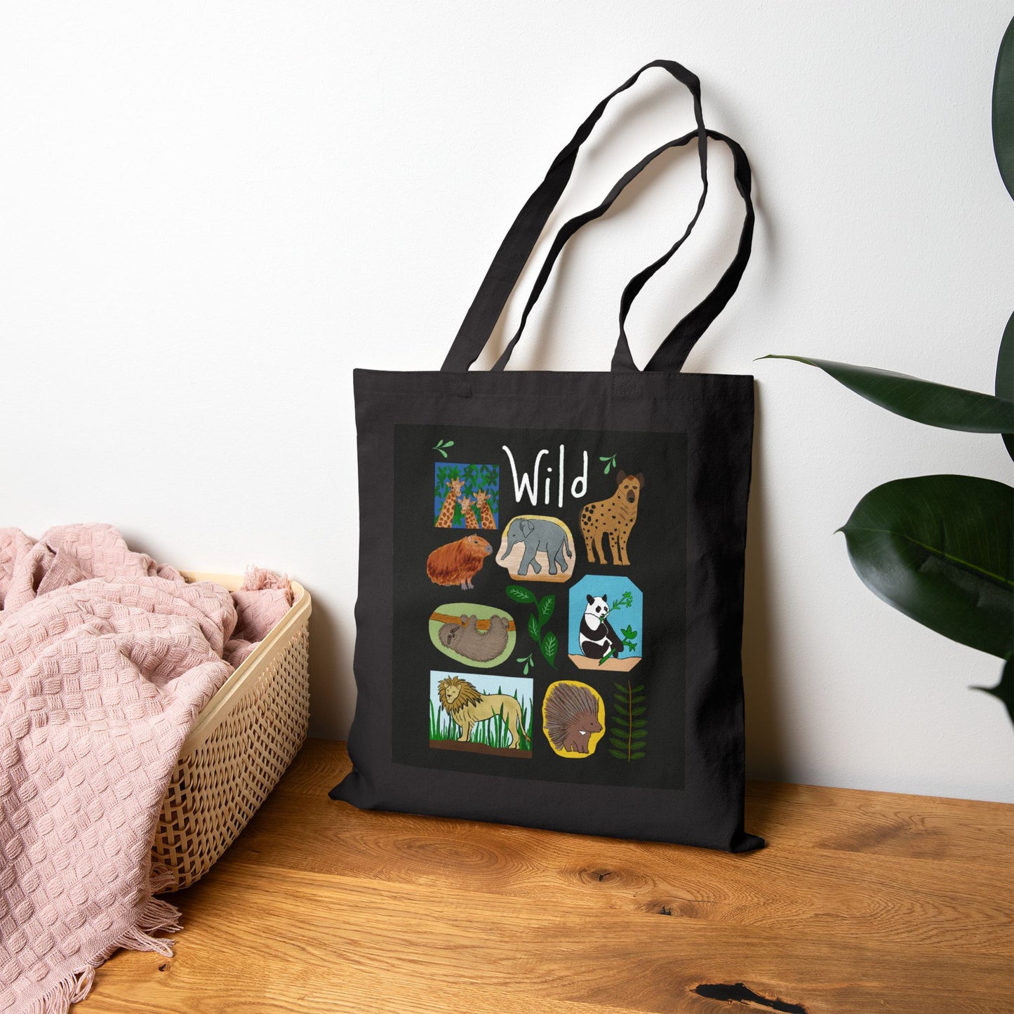 Tote Bag, Wildlife Theme With Animals, Cotton Canvas, Black or Natural, 15" x 16"