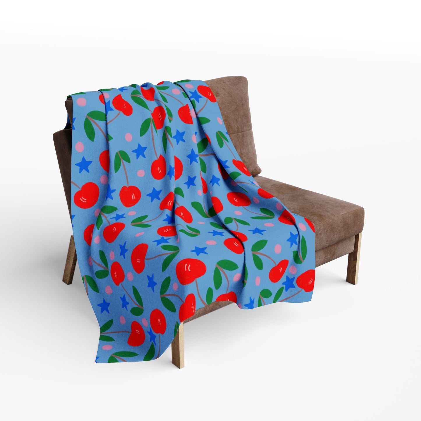 Blanket Fleece With Charming Cherry Design on Blue Background, 2 Sizes, Blanket or Throw