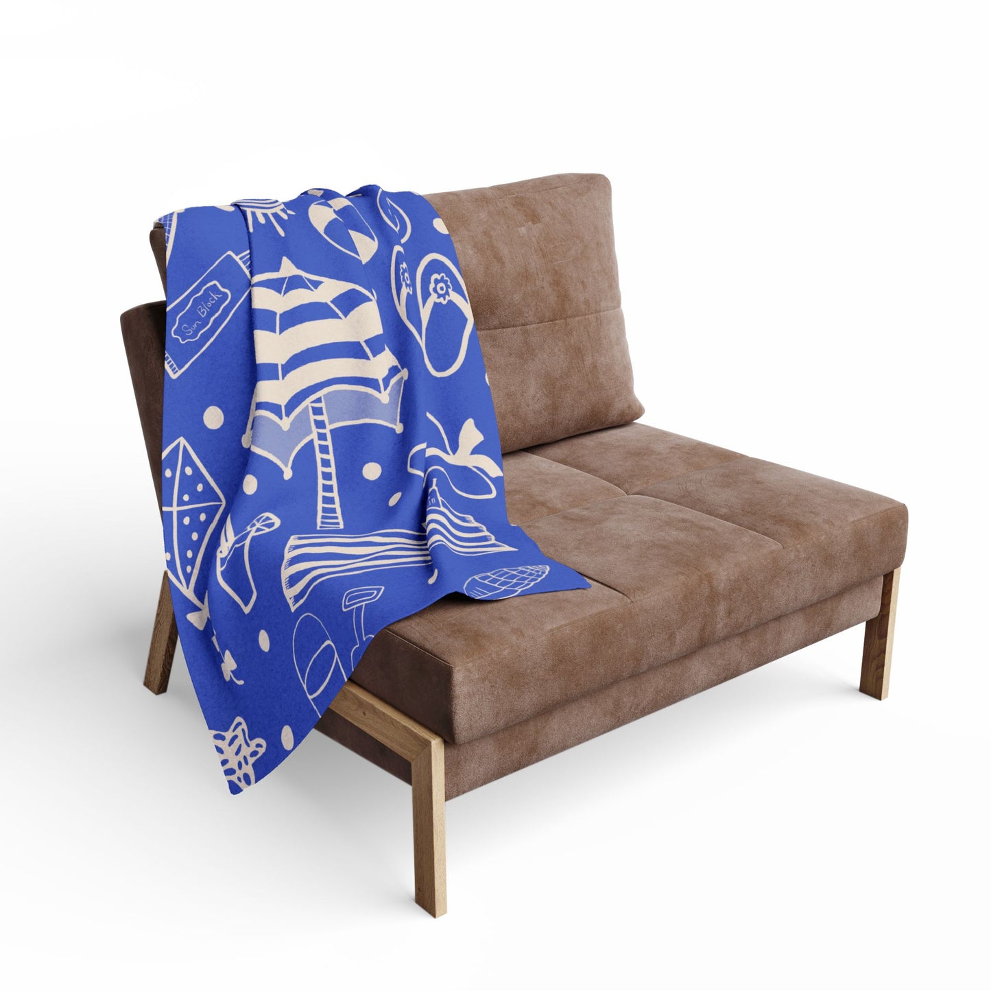 Blanket Fleece With Charming Beach Design on Blue Background, 2 Sizes, Blanket or Throw