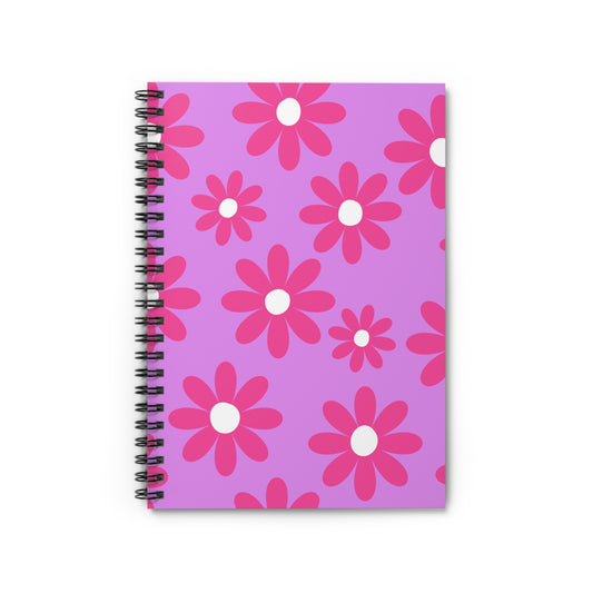 Spiral Notebook, Pink Flowers on Lavender Design, 6" x 8", Inside Pocket, Line Pages