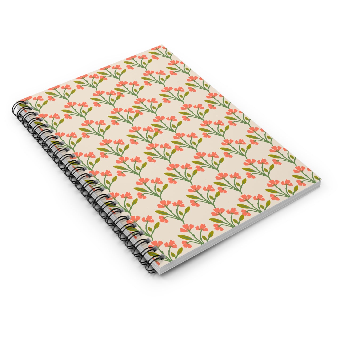 Spiral Notebook, Peachy Pink Floral Rows Design, 6" x 8", Inside Pocket, Lined Paper