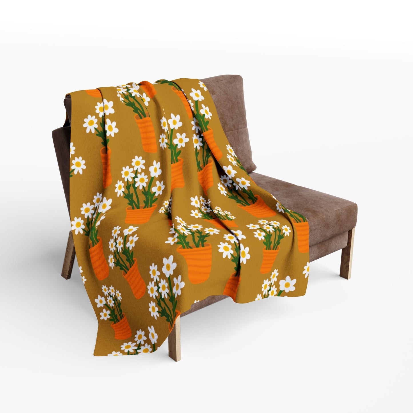 Blanket Fleece With Charming Daisy Design in Terracotta Pots on Golden Background, 2 Sizes, Blanket or Throw