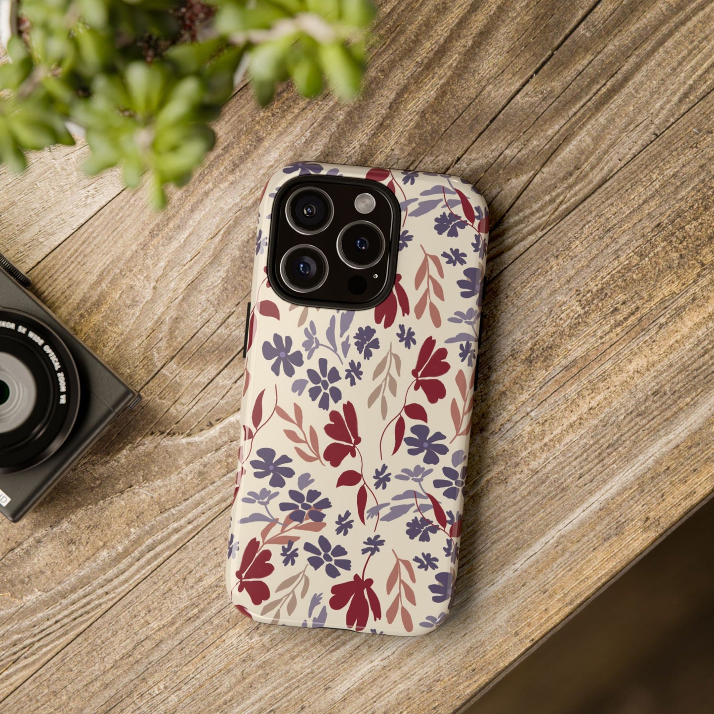 Phone Case, Floral Design Burgundy and Blue on Beige, Tough Phone Case