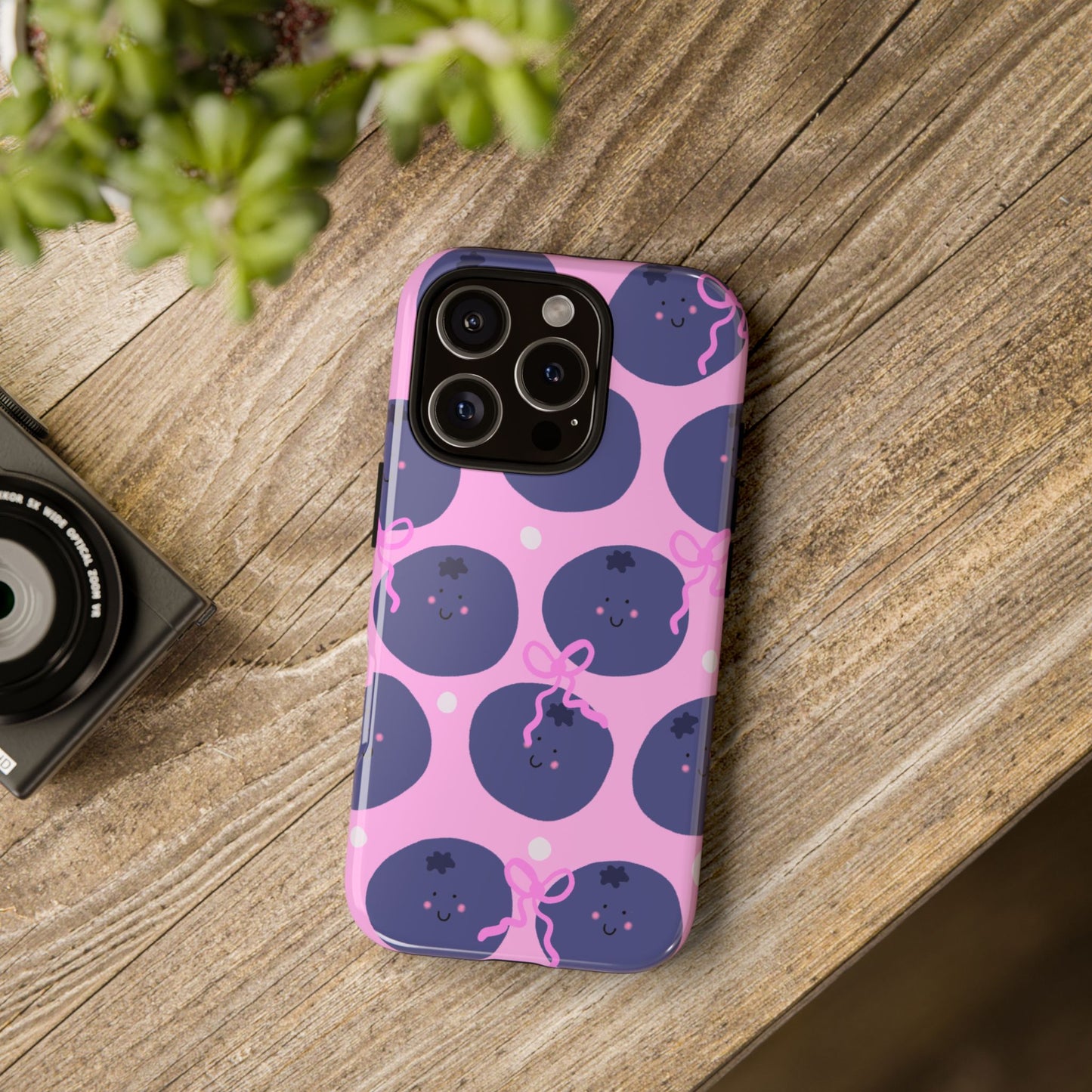 Phone Case, Blueberry and Bows Design on Pink, Tough Phone Case