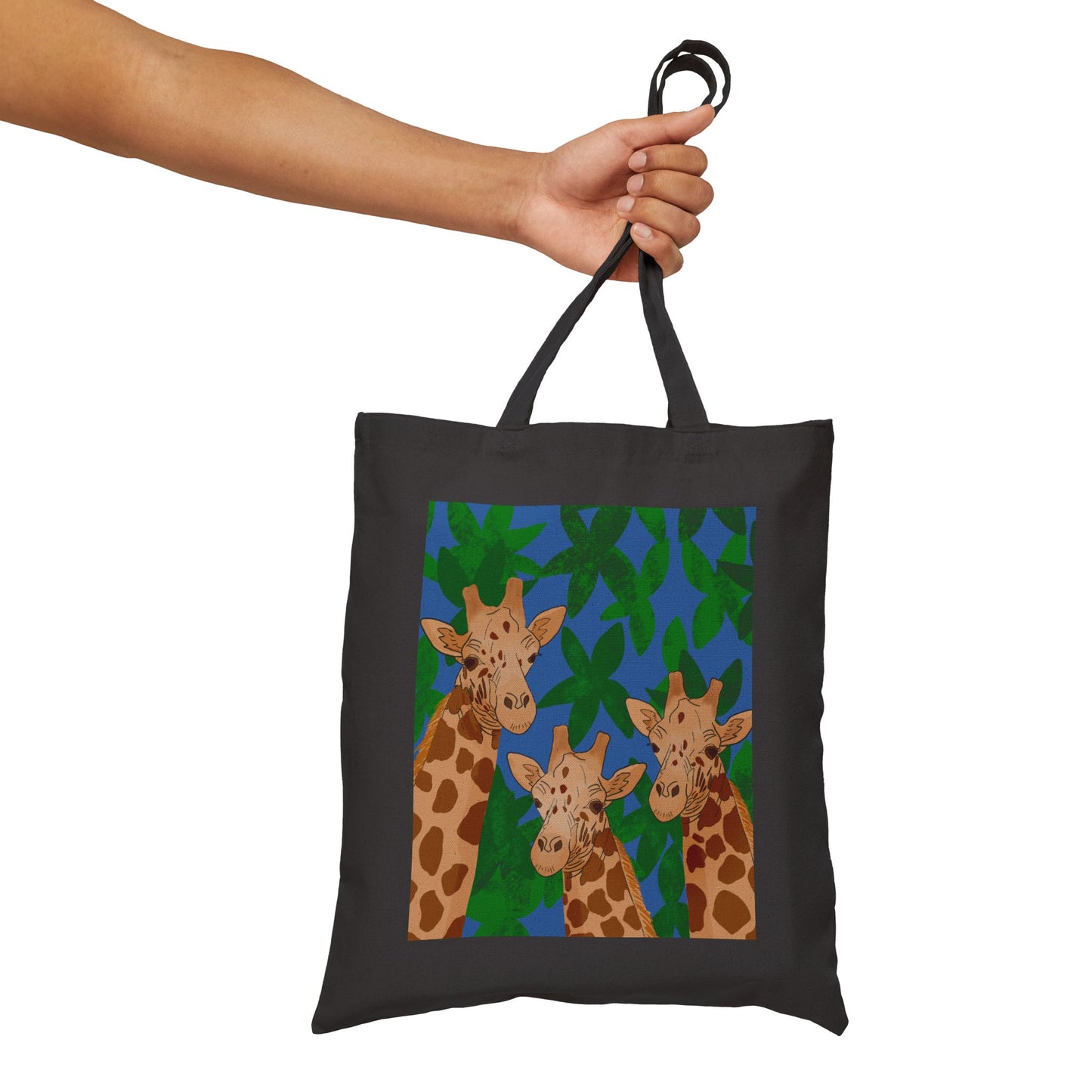 Tote Bag, Giraffe Trio on Leaves Design, Cotton Canvas, Black or Natural, 15" x 16"