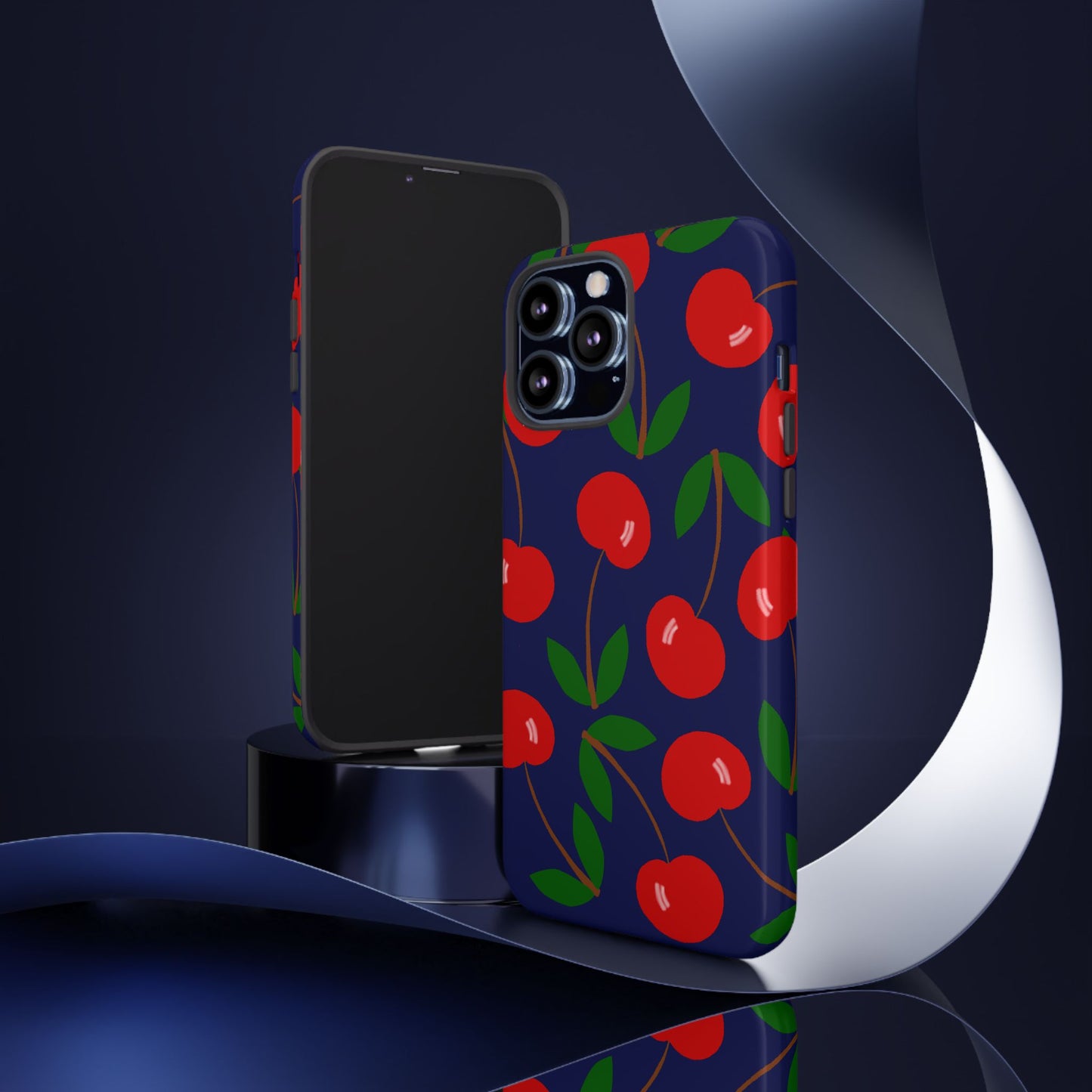 Phone Case, Large Cherries on Navy Design, Tough Phone Case