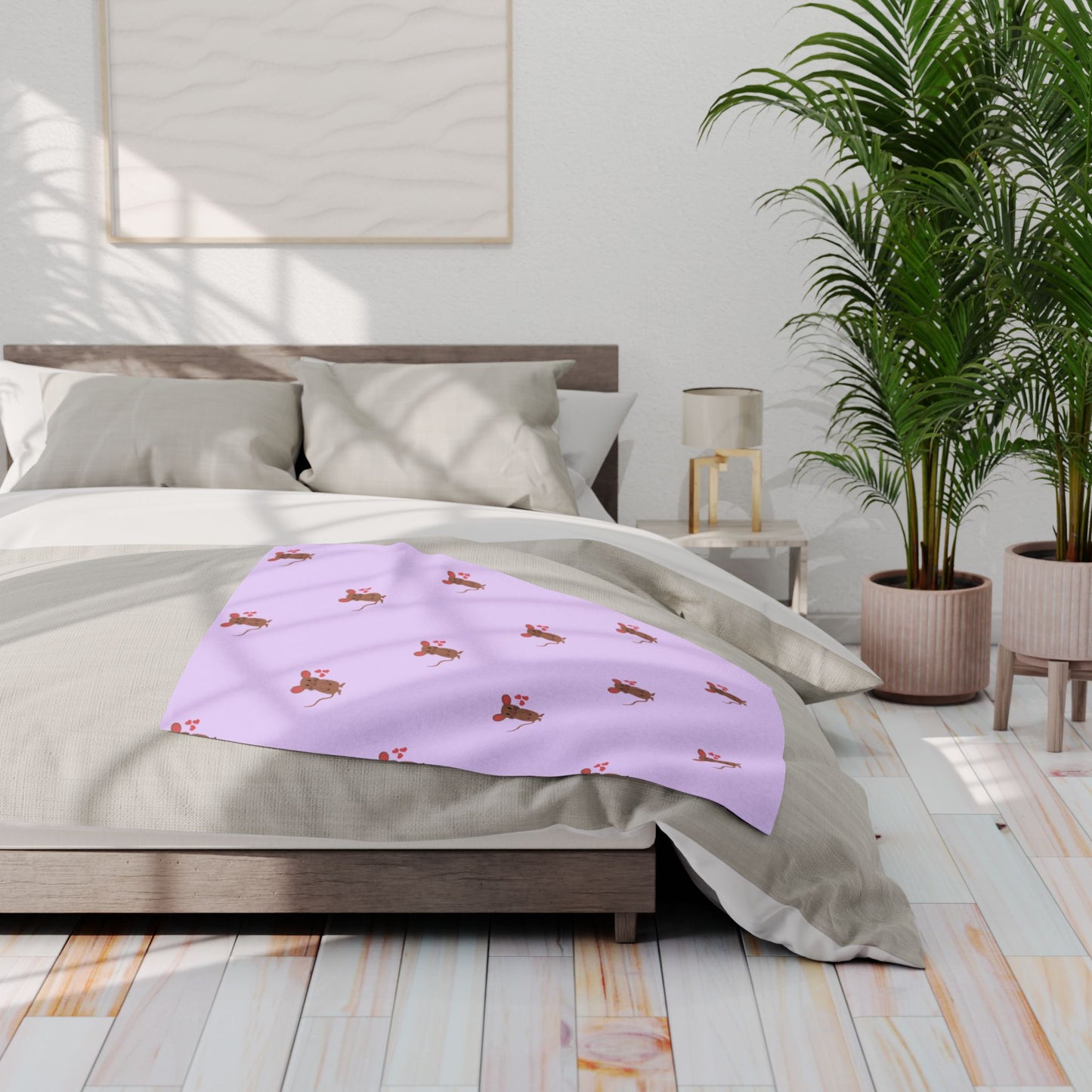 Blanket Fleece With Charming Mocha Mouse Design, 2 Sizes, Blanket or Throw