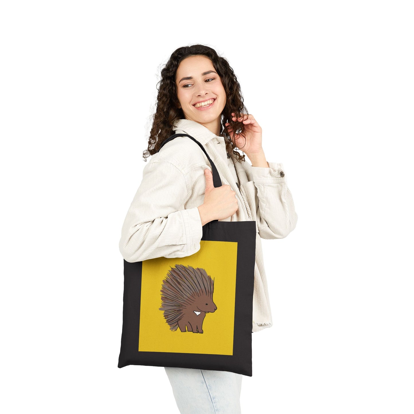 Tote Bag, Porcupine Design on Yellow, Cotton Canvas, Natural or Black, 15" x 16"