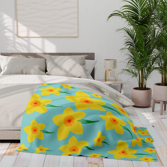 Blanket Fleece With Charming Daffodil Design, 2 Sizes, Blanket or Throw