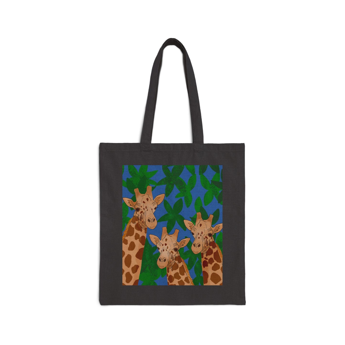 Tote Bag, Giraffe Trio on Leaves Design, Cotton Canvas, Black or Natural, 15" x 16"