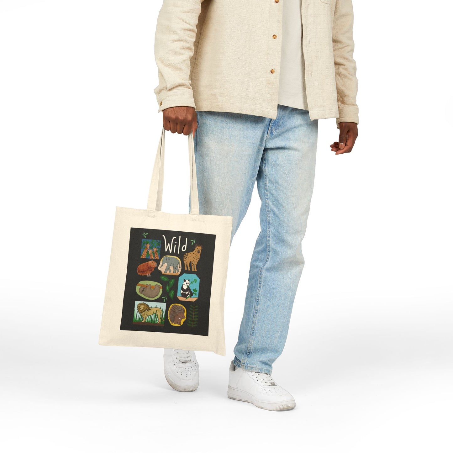 Tote Bag, Wildlife Theme With Animals, Cotton Canvas, Black or Natural, 15" x 16"
