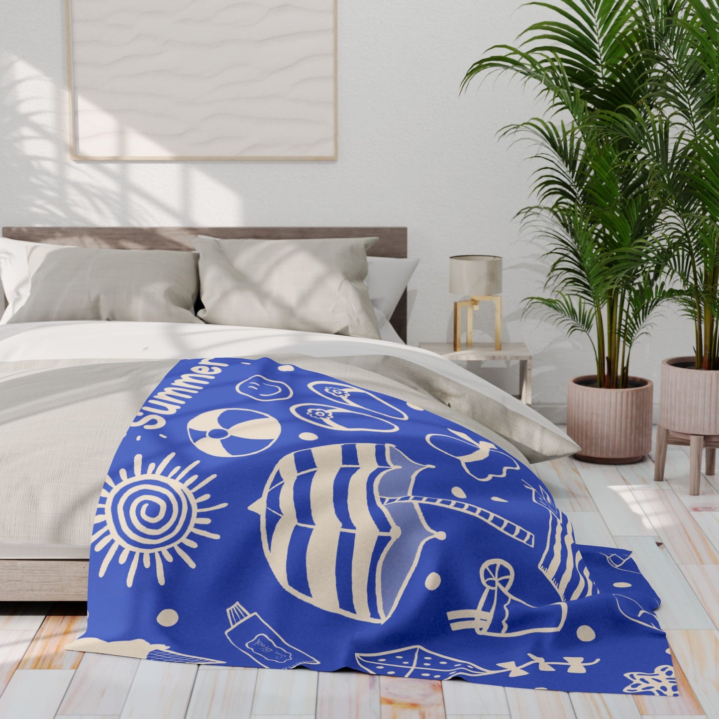 Blanket Fleece With Charming Beach Design on Blue Background, 2 Sizes, Blanket or Throw