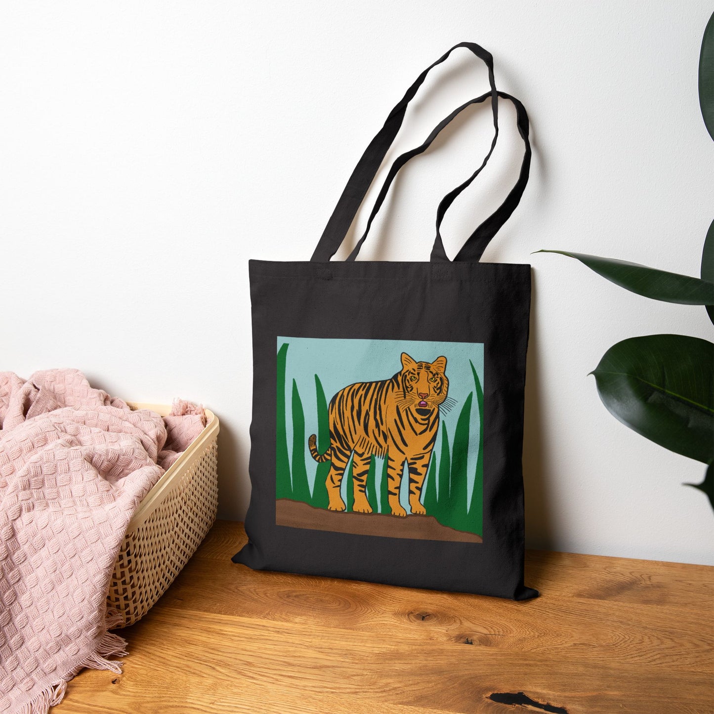 Tote Bag, Tiger in Grass Design, Cotton Canvas, Natural or Black, 15" x 16"