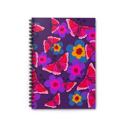 Spiral Notebook, Butterfly, Bold Pink and Purple Design, 6" x 8", Inside Pocket, Line Pages